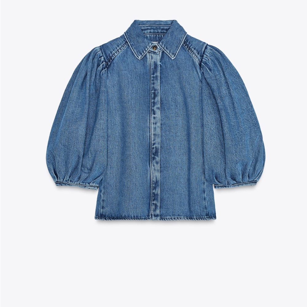 Zara Washed Denim Puff-Sleeve Shirt - Blue